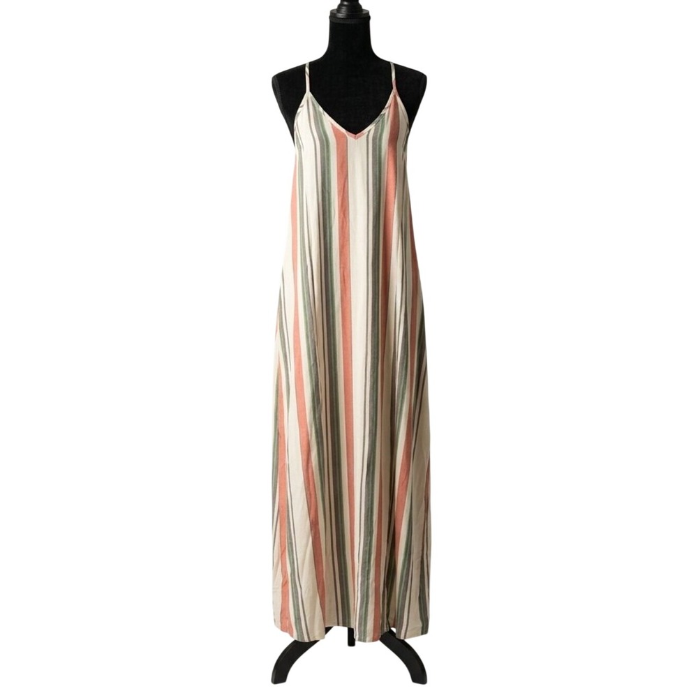 En Crème Women's Large Striped Cami Maxi Dress Crewneck V-Back Boho Beach - Picture 2 of 7